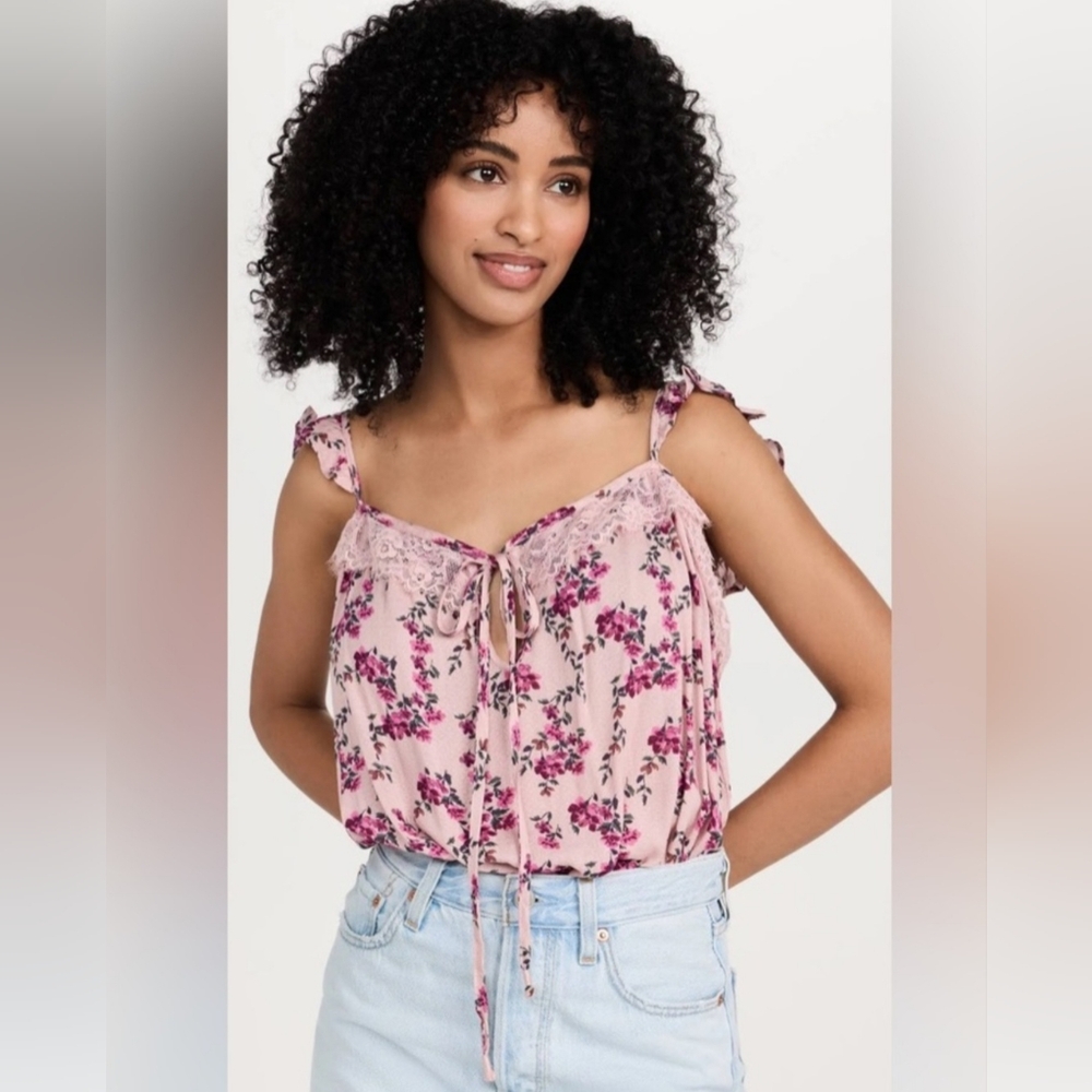 Free People Intimately "Take It Away" Pink Floral Ruffled Tie Front Bodysuit - Picture 4 of 14
